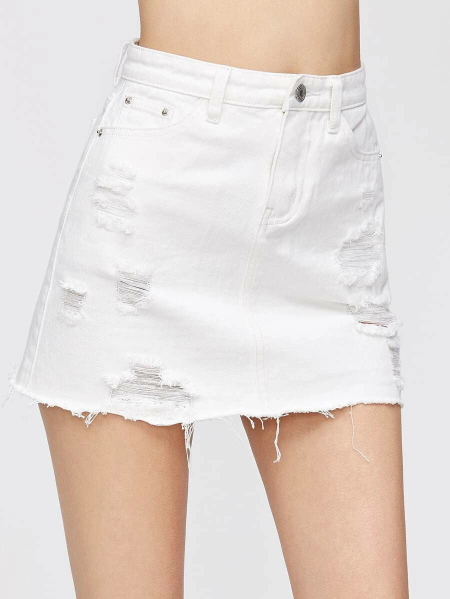 Distressed Fray Hem Denim Skirt Periwinkley Shop