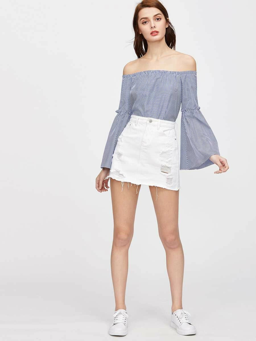 Distressed Fray Hem Denim Skirt Periwinkley Shop