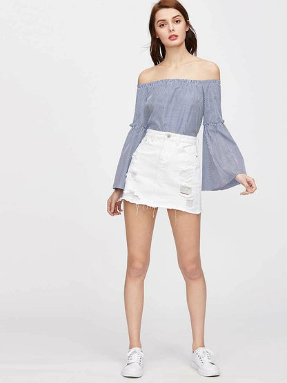 Distressed Fray Hem Denim Skirt Periwinkley Shop