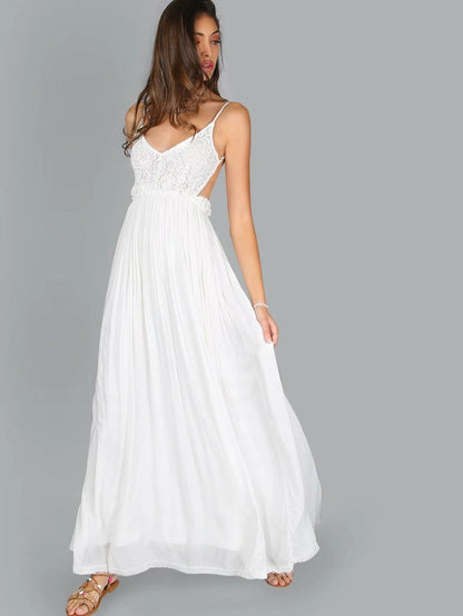 Lace Overlay Backless Pleated Maxi Dress Periwinkley Shop