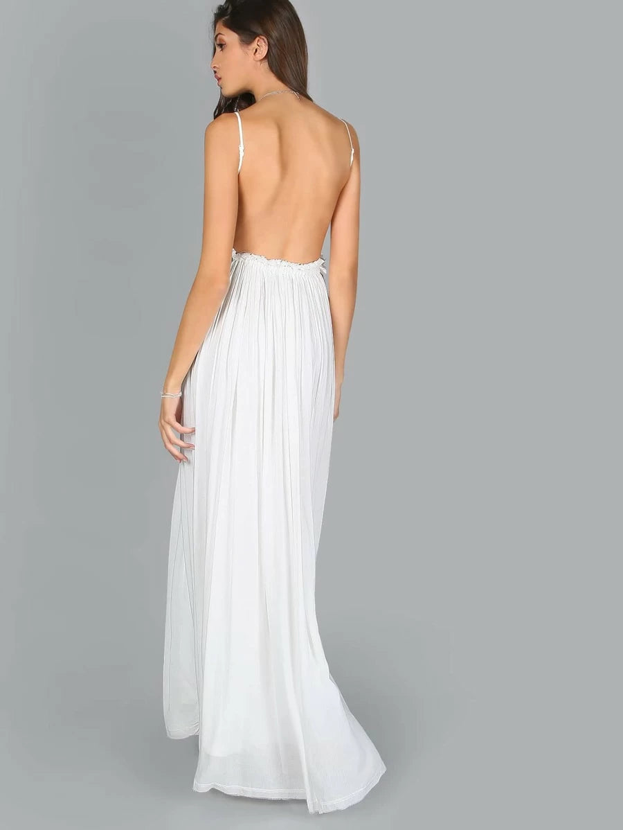 Lace Overlay Backless Pleated Maxi Dress Periwinkley Shop