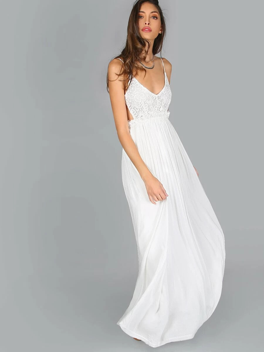 Lace Overlay Backless Pleated Maxi Dress Periwinkley Shop