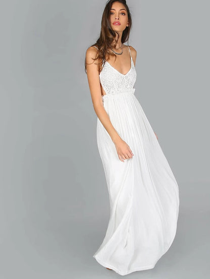 Lace Overlay Backless Pleated Maxi Dress Periwinkley Shop