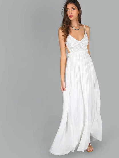 Lace Overlay Backless Pleated Maxi Dress Periwinkley Shop