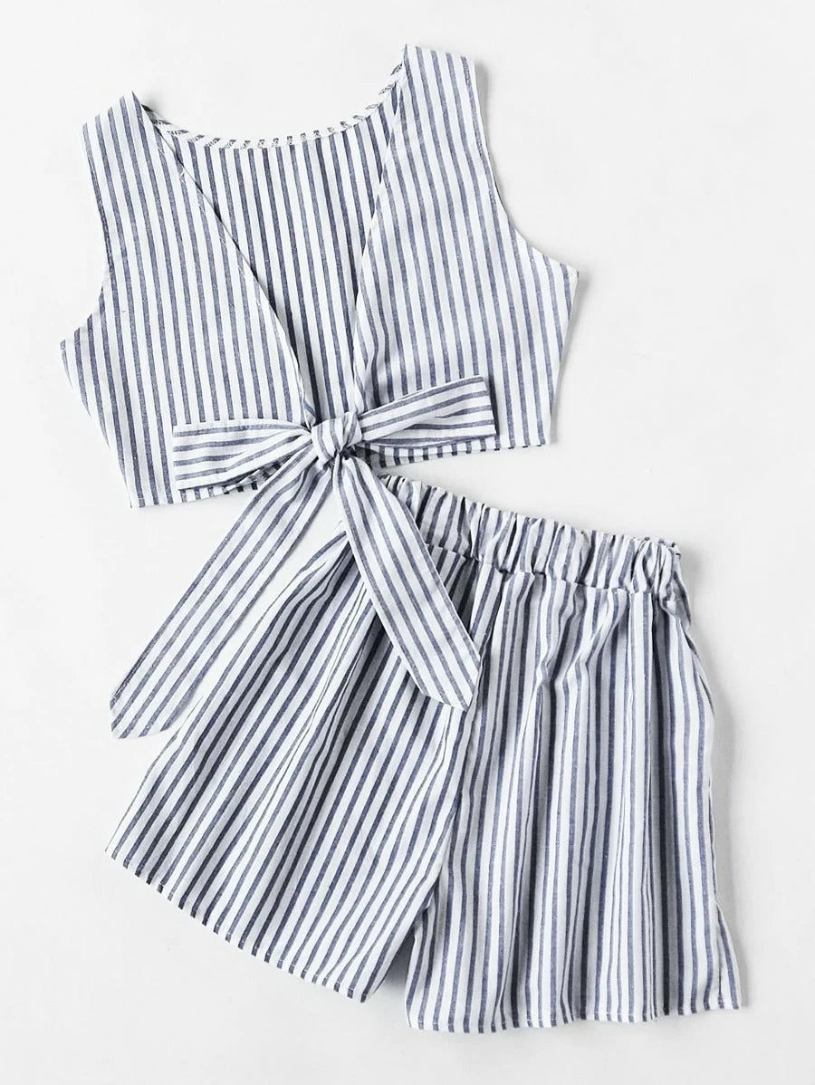 Contrast Striped Knotted Multiway Crop Tank Top With Shorts Periwinkley Shop