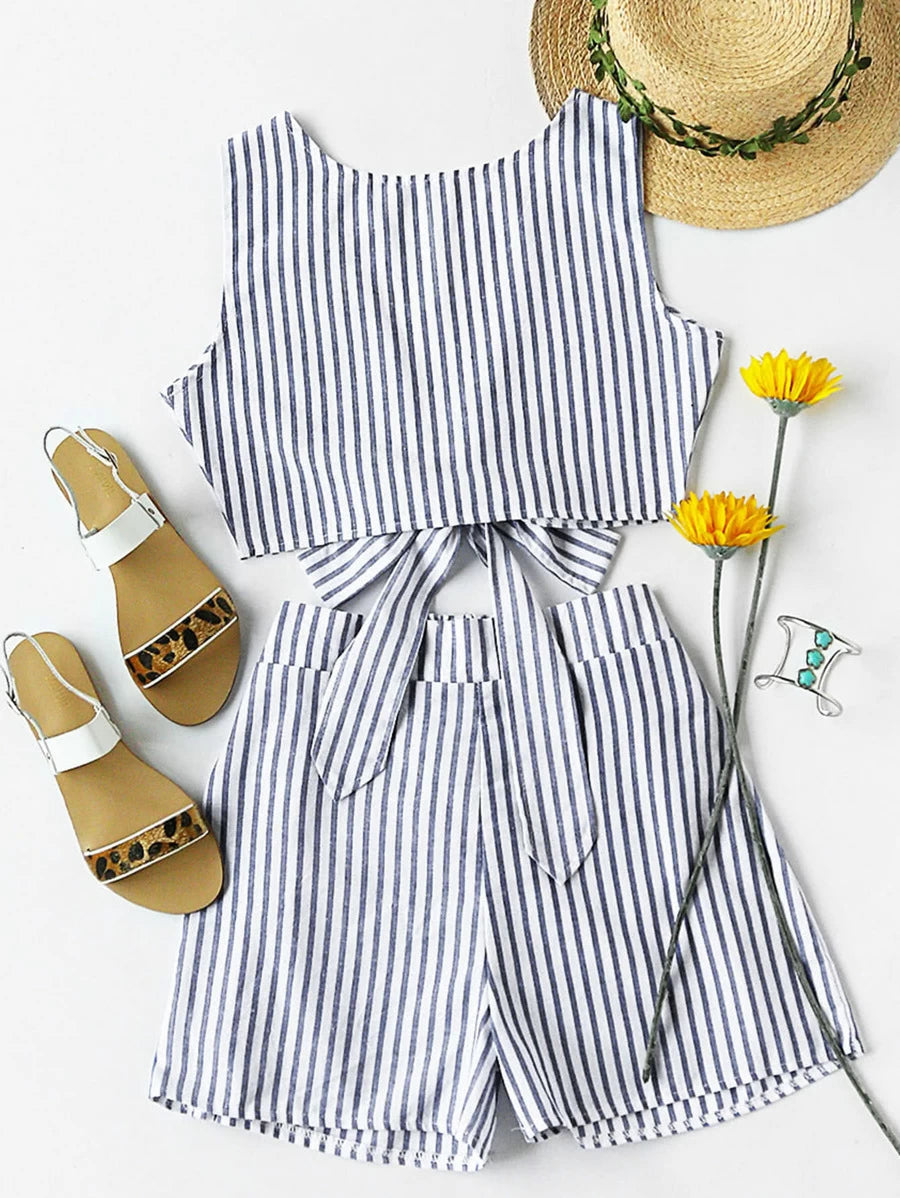 Contrast Striped Knotted Multiway Crop Tank Top With Shorts Periwinkley Shop