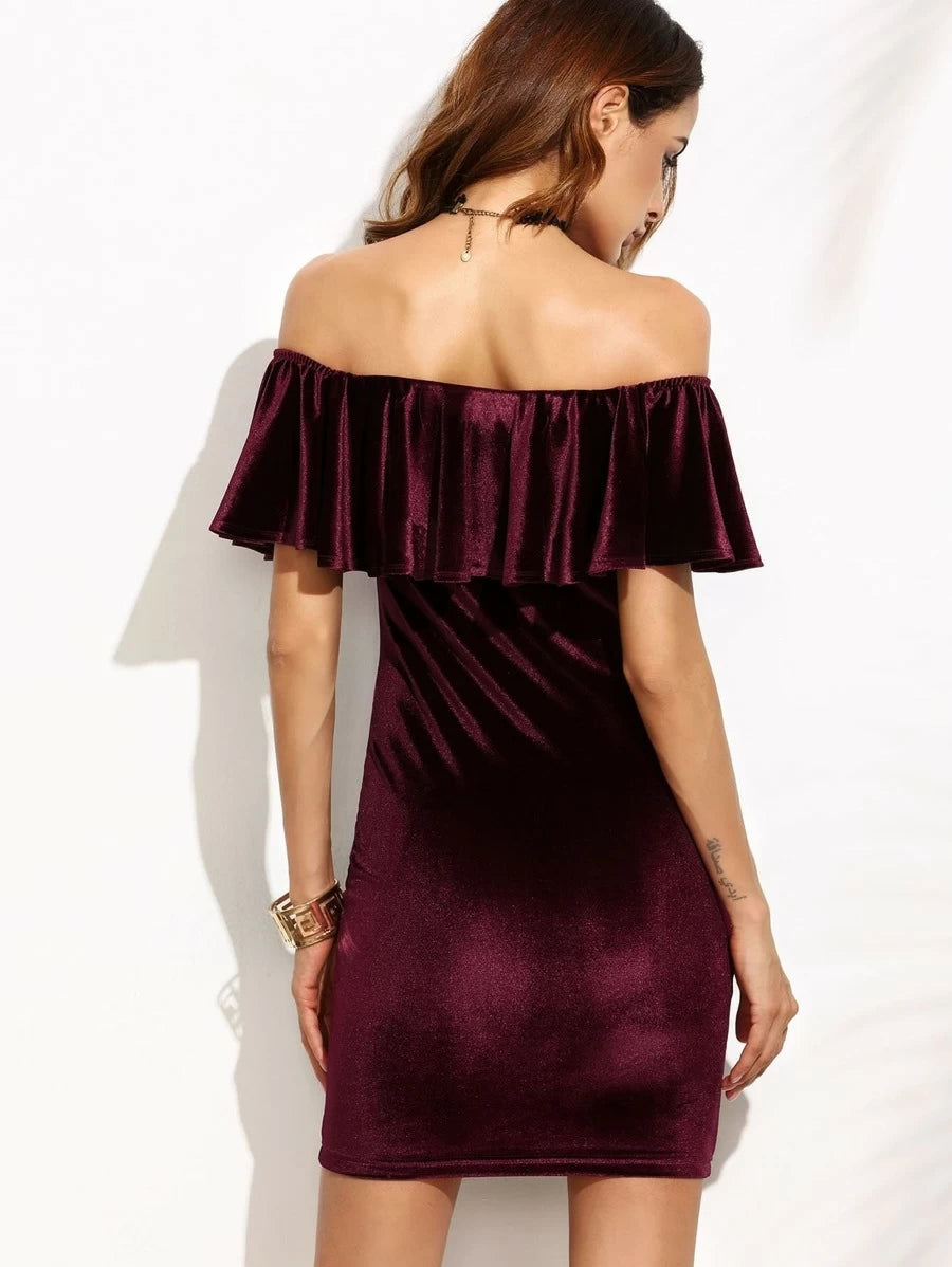 Flounce Layered Neckline Velvet Bodycon Dress Periwinkley Shop