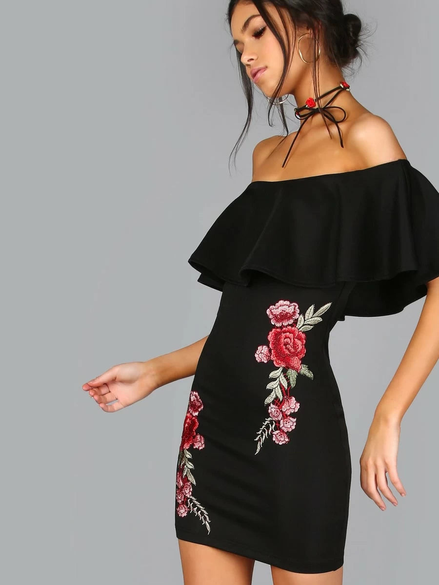 Embroidered Rose Flounce Off Shoulder Dress Periwinkley Shop