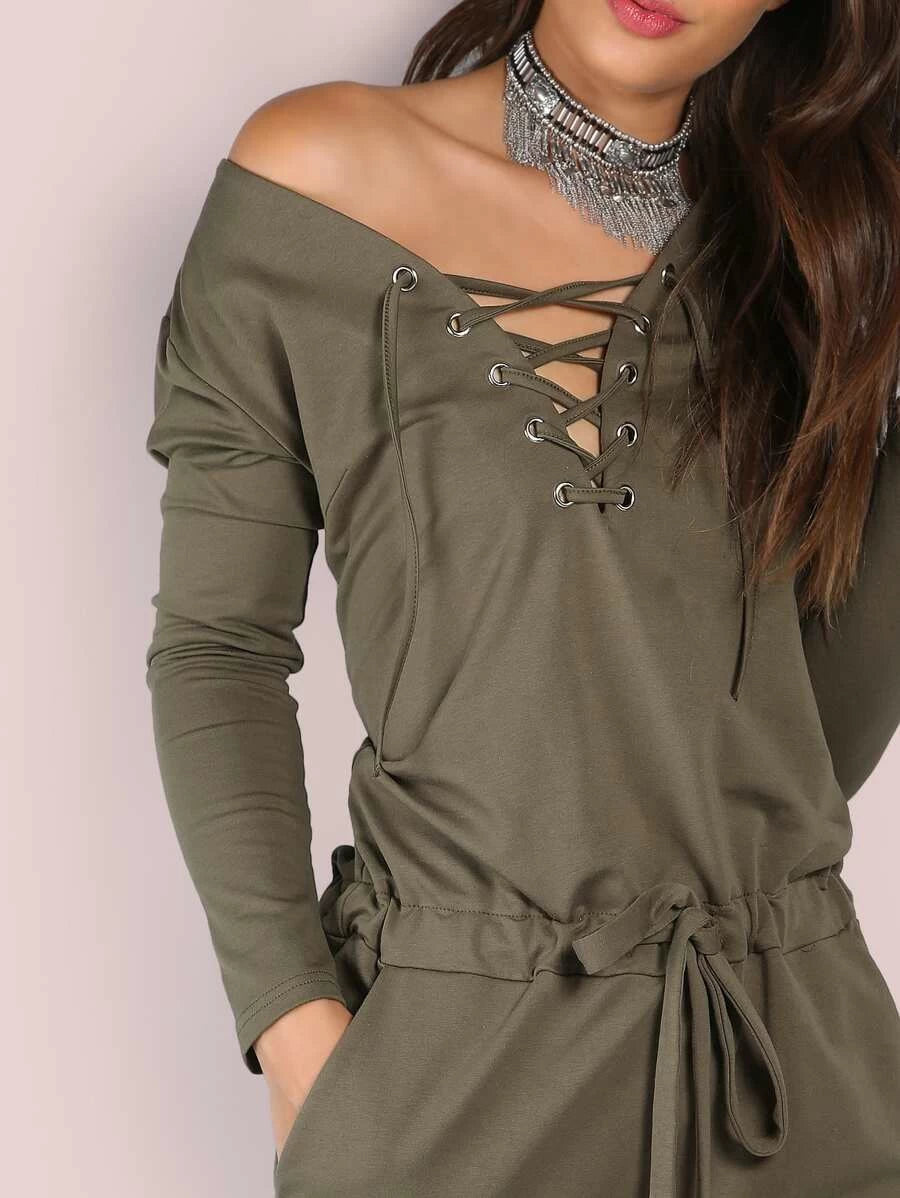 Slouchy Lace Up Cotton Jumpsuit OLIVE Periwinkley Shop
