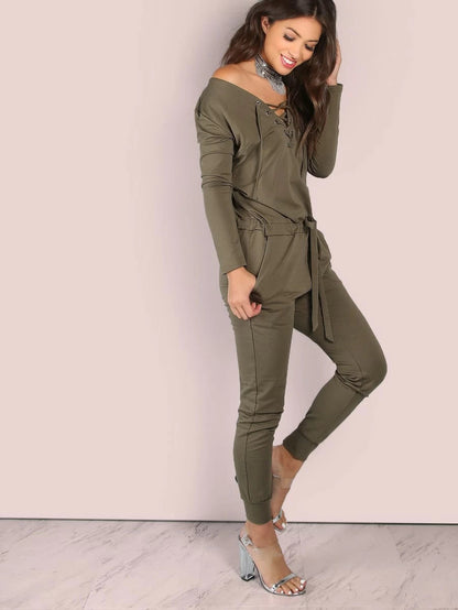 Slouchy Lace Up Cotton Jumpsuit OLIVE Periwinkley Shop