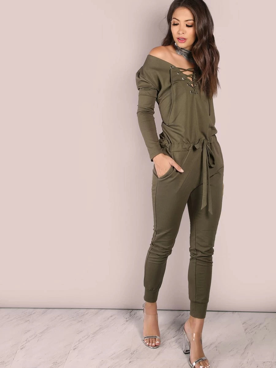 Slouchy Lace Up Cotton Jumpsuit OLIVE Periwinkley Shop