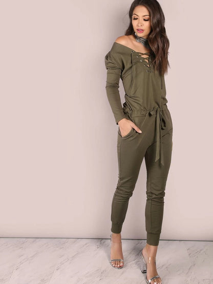 Slouchy Lace Up Cotton Jumpsuit OLIVE Periwinkley Shop