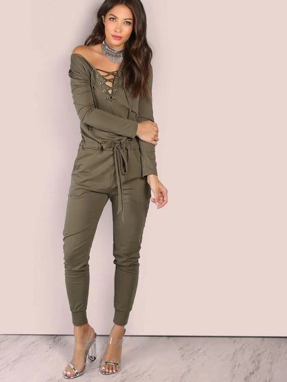Slouchy Lace Up Cotton Jumpsuit OLIVE Periwinkley Shop