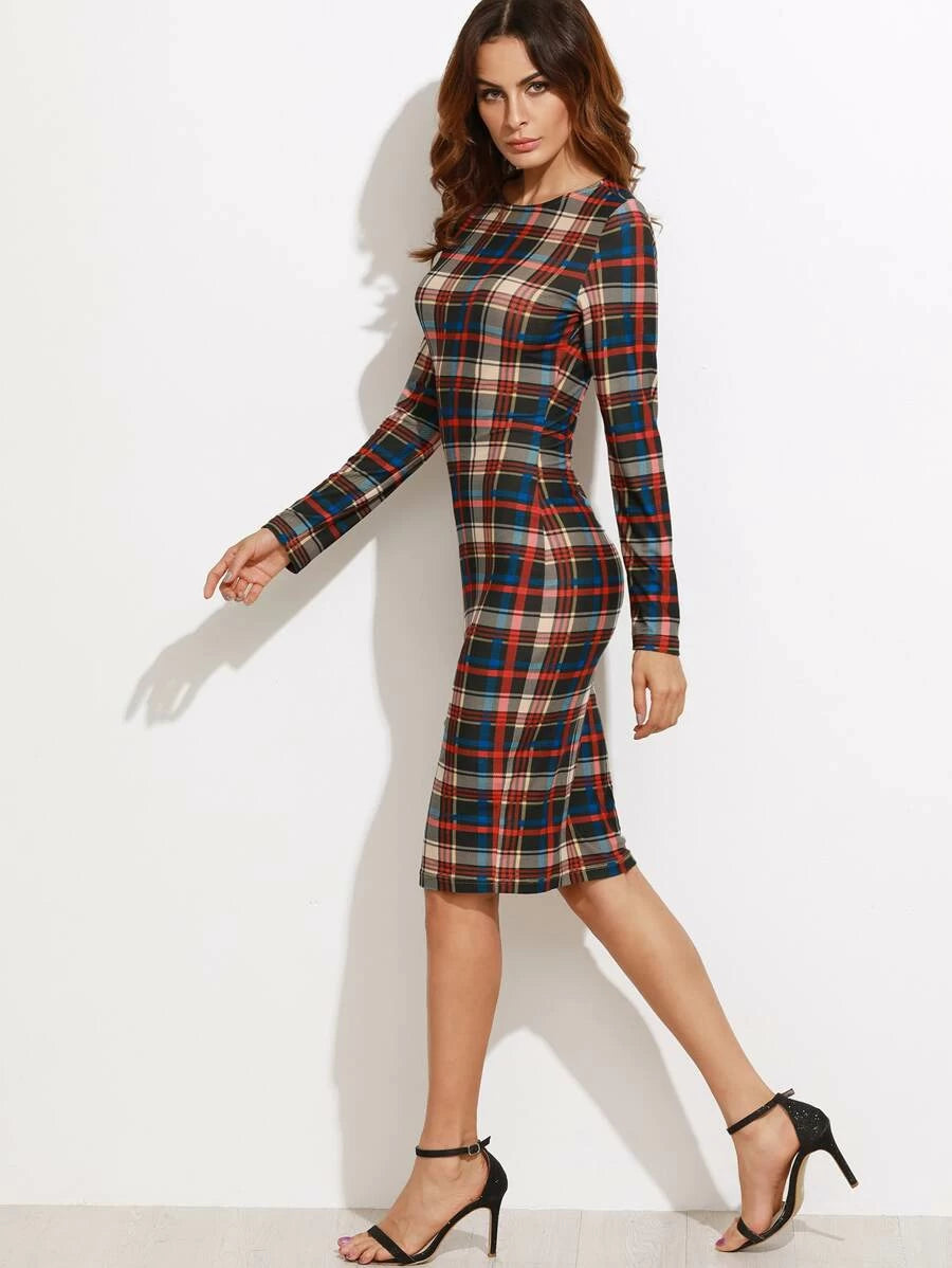 Plaid Midi Pencil Dress Periwinkley Shop