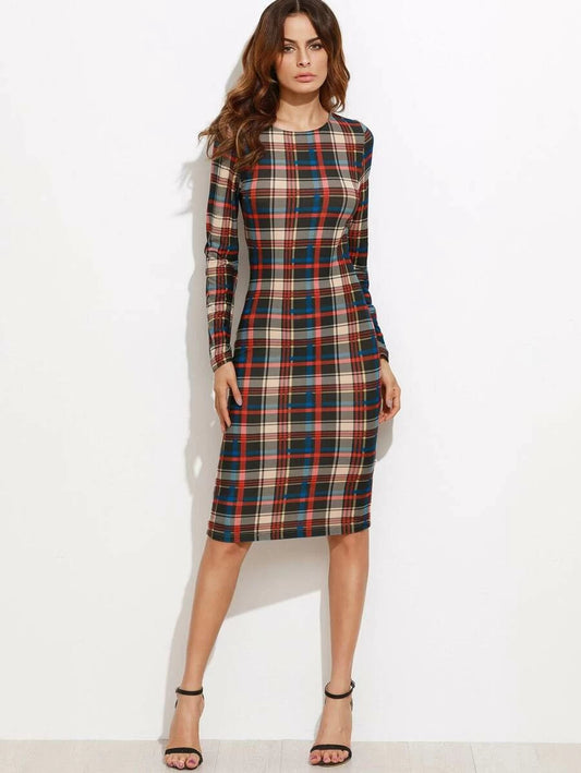 Plaid Midi Pencil Dress Periwinkley Shop