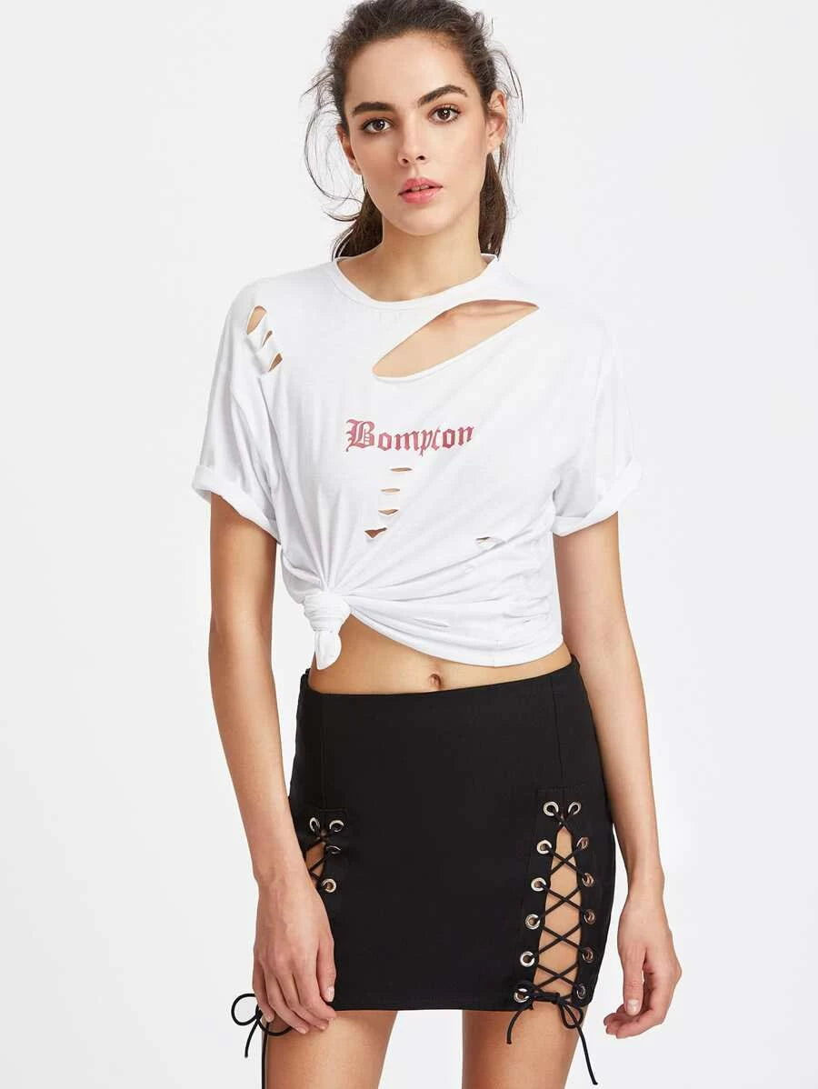 Double Slit Lace Up Mini Skirt Periwinkley Shop