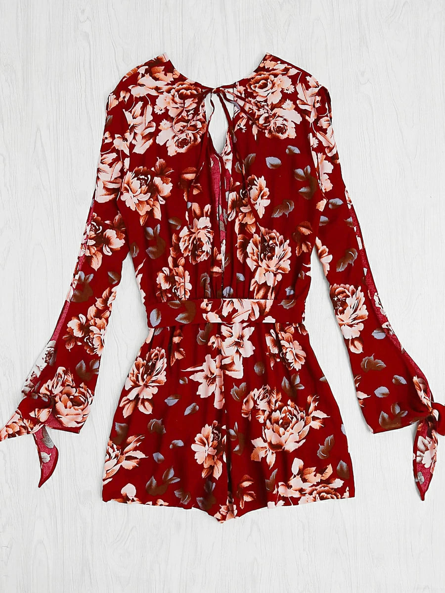 Split Sleeve And Back Surplice Wrap Floral Romper Periwinkley Shop