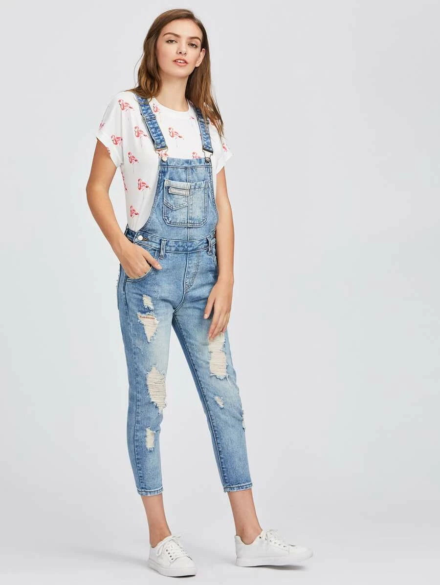 Distressed Bleach Washed Overall Jeans Periwinkley Shop