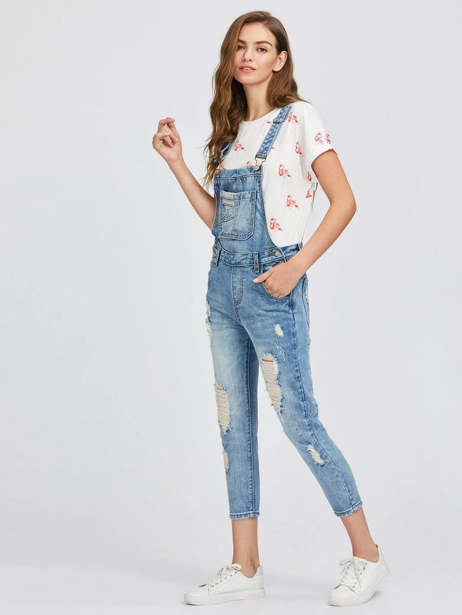 Distressed Bleach Washed Overall Jeans Periwinkley Shop