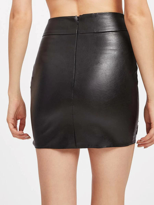 PU Embroidered Applique Zipper Detail Asymmetric Skirt Periwinkley Shop