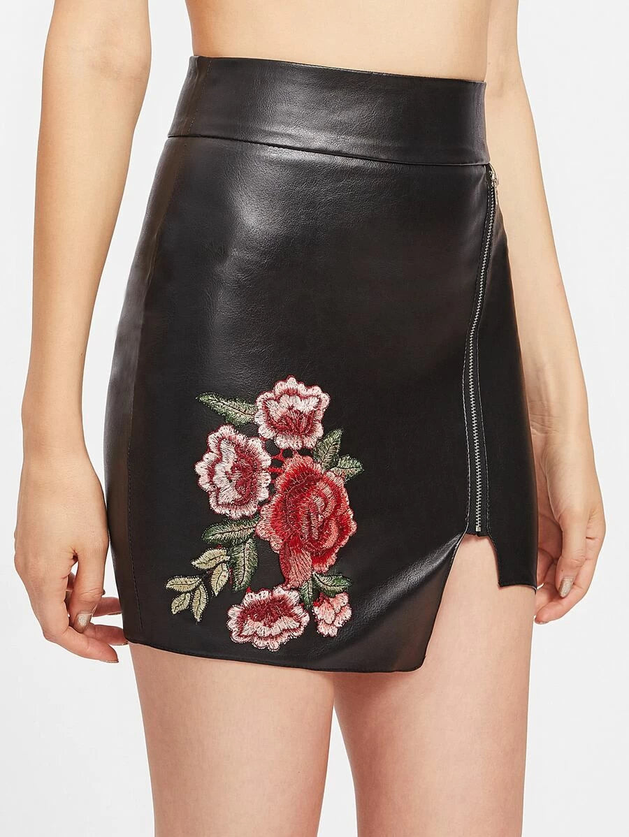 PU Embroidered Applique Zipper Detail Asymmetric Skirt Periwinkley Shop