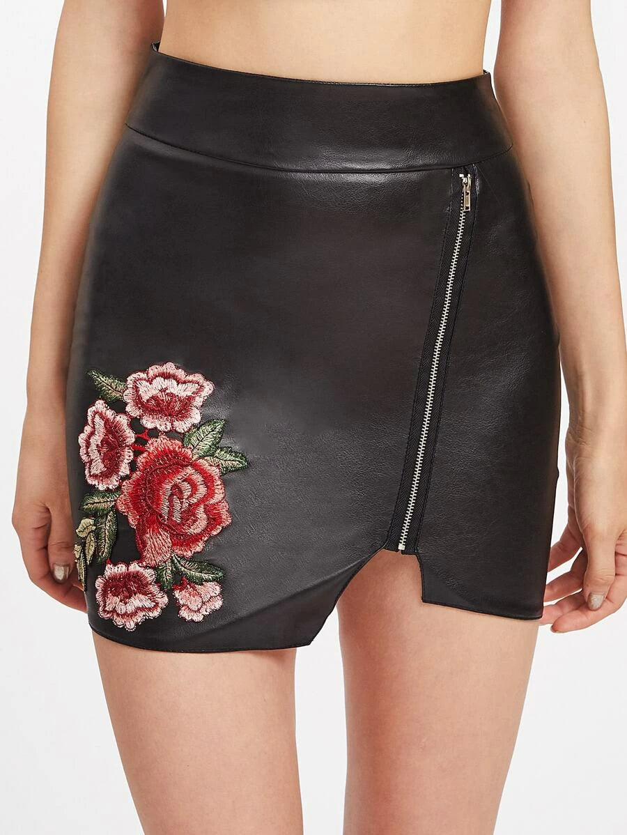 PU Embroidered Applique Zipper Detail Asymmetric Skirt Periwinkley Shop