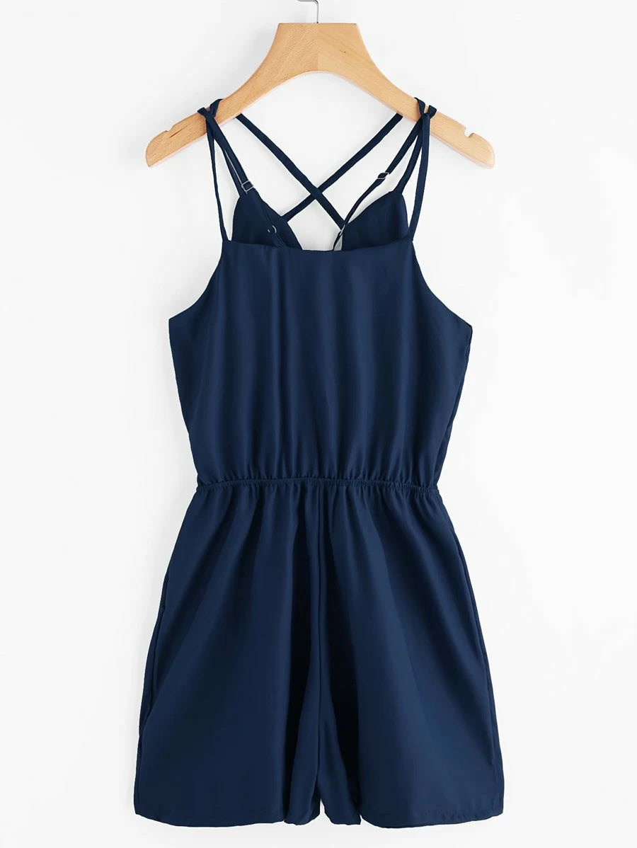 Criss Cross Strap Detail Elastic Waist Satin Romper Periwinkley Shop