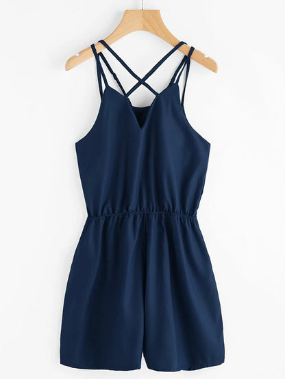 Criss Cross Strap Detail Elastic Waist Satin Romper Periwinkley Shop