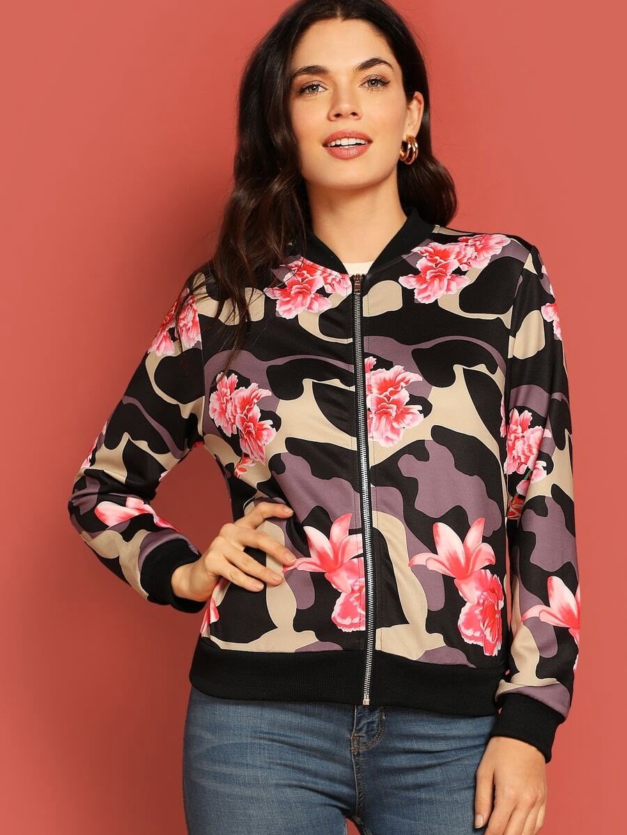 Zip Up Floral and Camo Bomber Jacket Periwinkley Shop