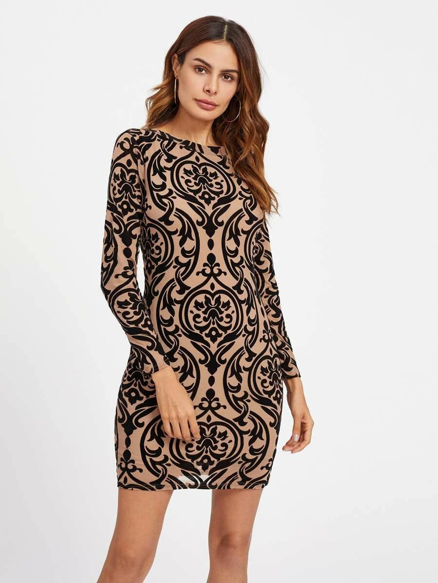 Damask Print Open Back Bodycon Dress Periwinkley Shop