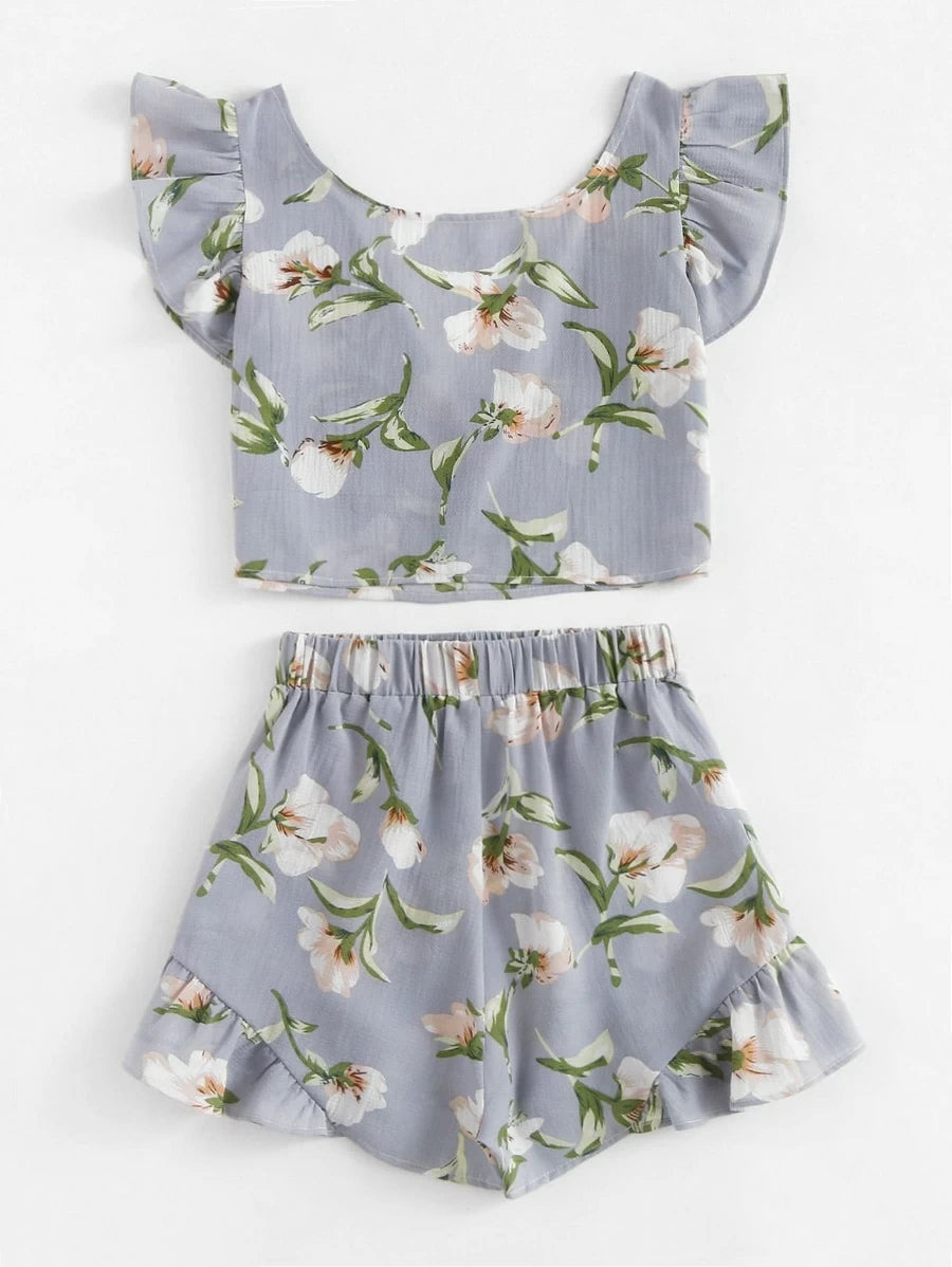 Allover Florals Bow Tie Detail Frill Top With Shorts Periwinkley Shop
