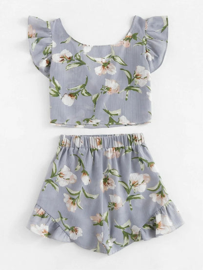 Allover Florals Bow Tie Detail Frill Top With Shorts Periwinkley Shop