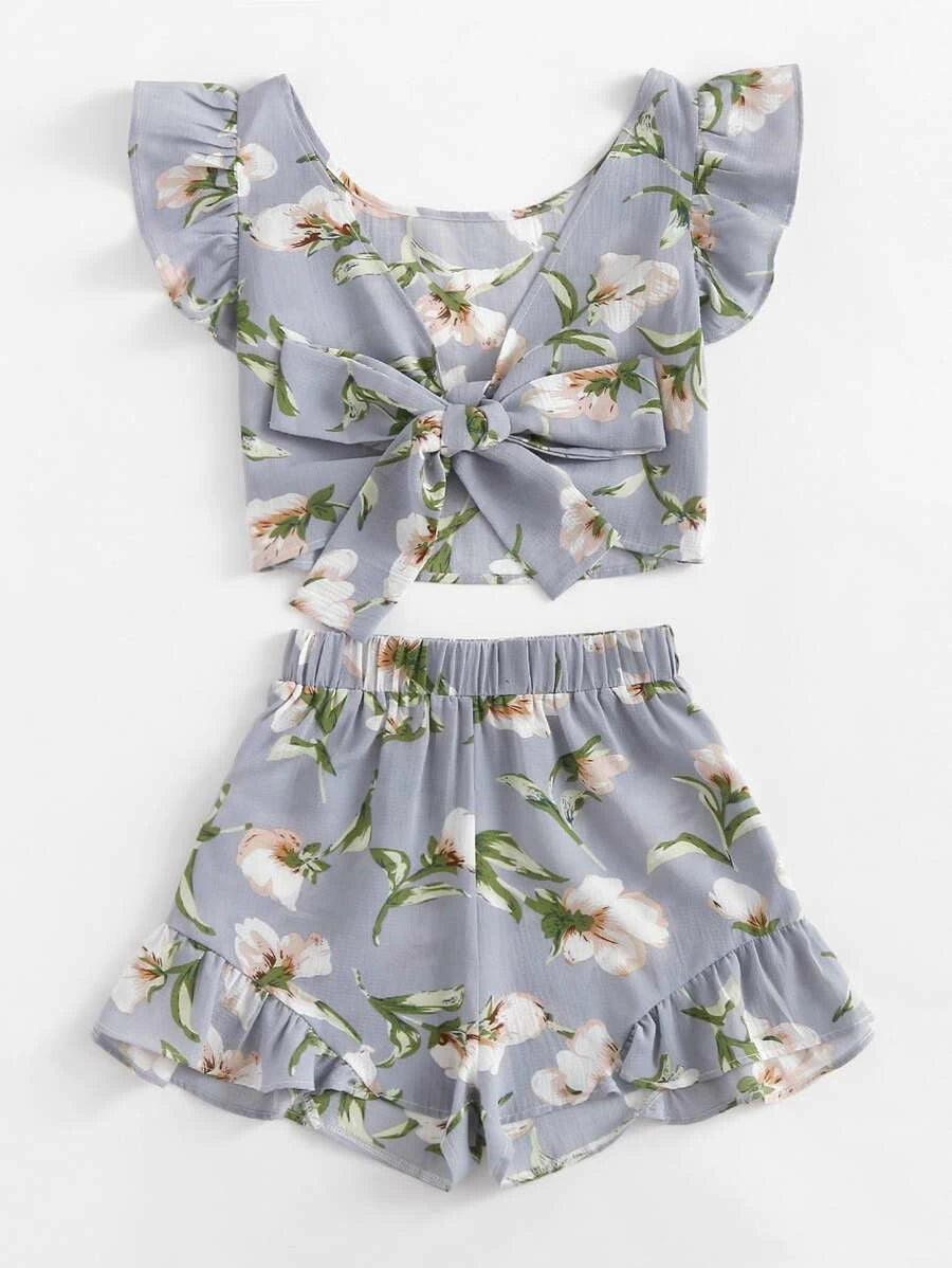 Allover Florals Bow Tie Detail Frill Top With Shorts Periwinkley Shop
