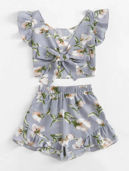 Allover Florals Bow Tie Detail Frill Top With Shorts Periwinkley Shop