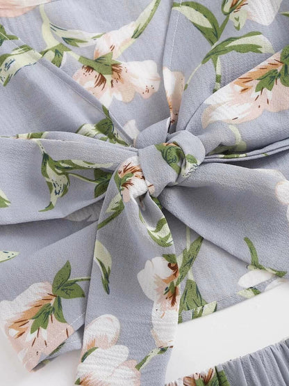 Allover Florals Bow Tie Detail Frill Top With Shorts Periwinkley Shop