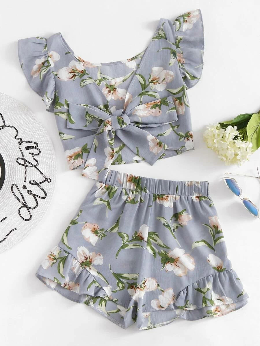 Allover Florals Bow Tie Detail Frill Top With Shorts Periwinkley Shop