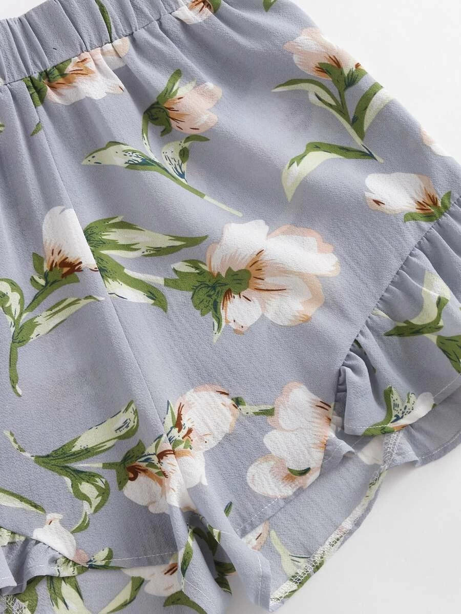 Allover Florals Bow Tie Detail Frill Top With Shorts Periwinkley Shop
