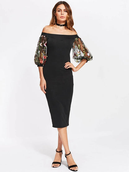 Bardot Dress With Embroidered Mesh Puff Sleeve Periwinkley Shop