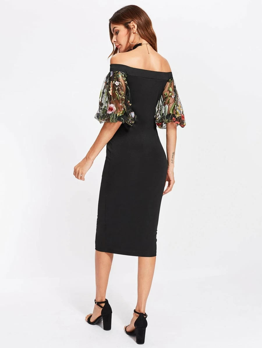 Bardot Dress With Embroidered Mesh Puff Sleeve Periwinkley Shop