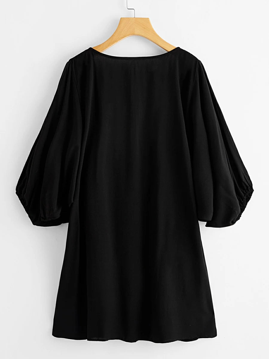 Tasseled Tie Neck Lantern Sleeve Embroidered Smock Dress Periwinkley Shop