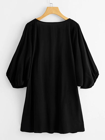 Tasseled Tie Neck Lantern Sleeve Embroidered Smock Dress Periwinkley Shop