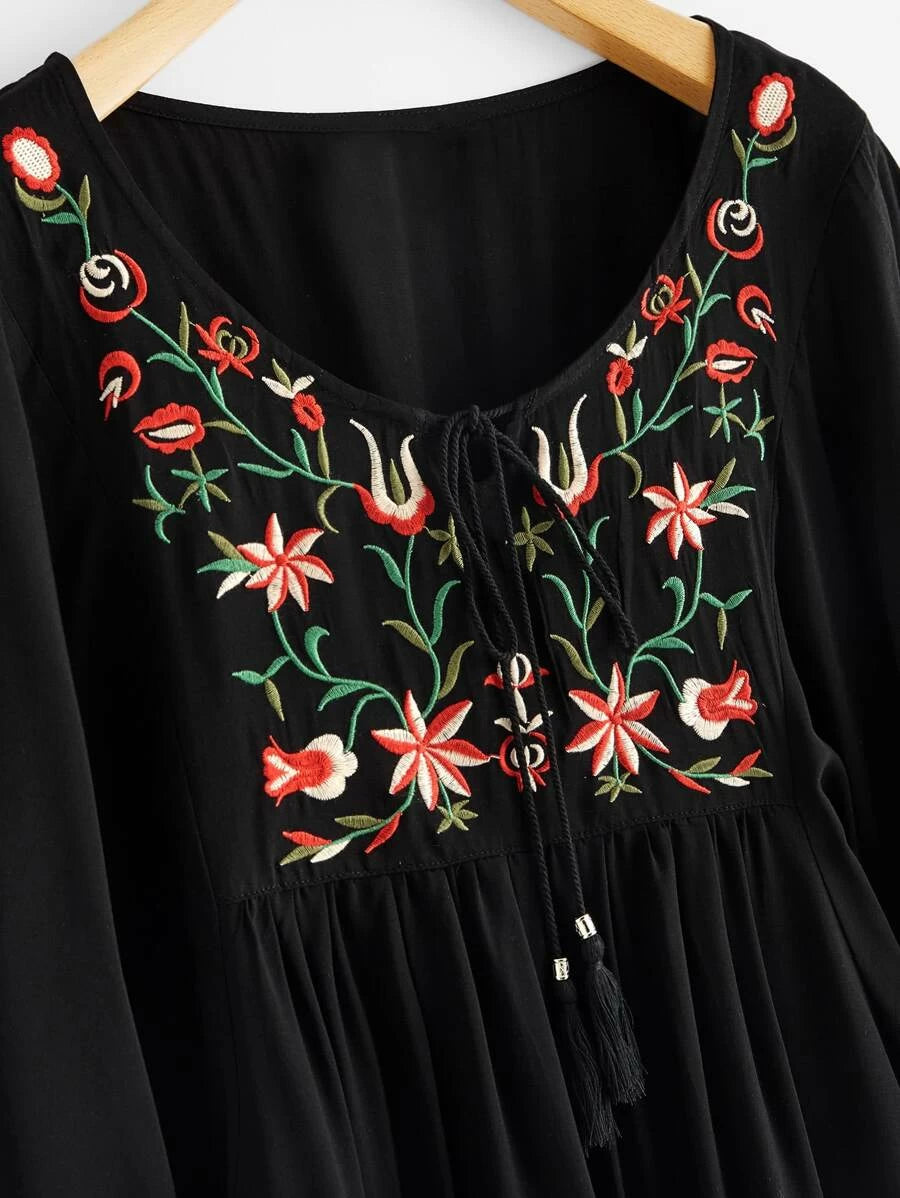 Tasseled Tie Neck Lantern Sleeve Embroidered Smock Dress Periwinkley Shop