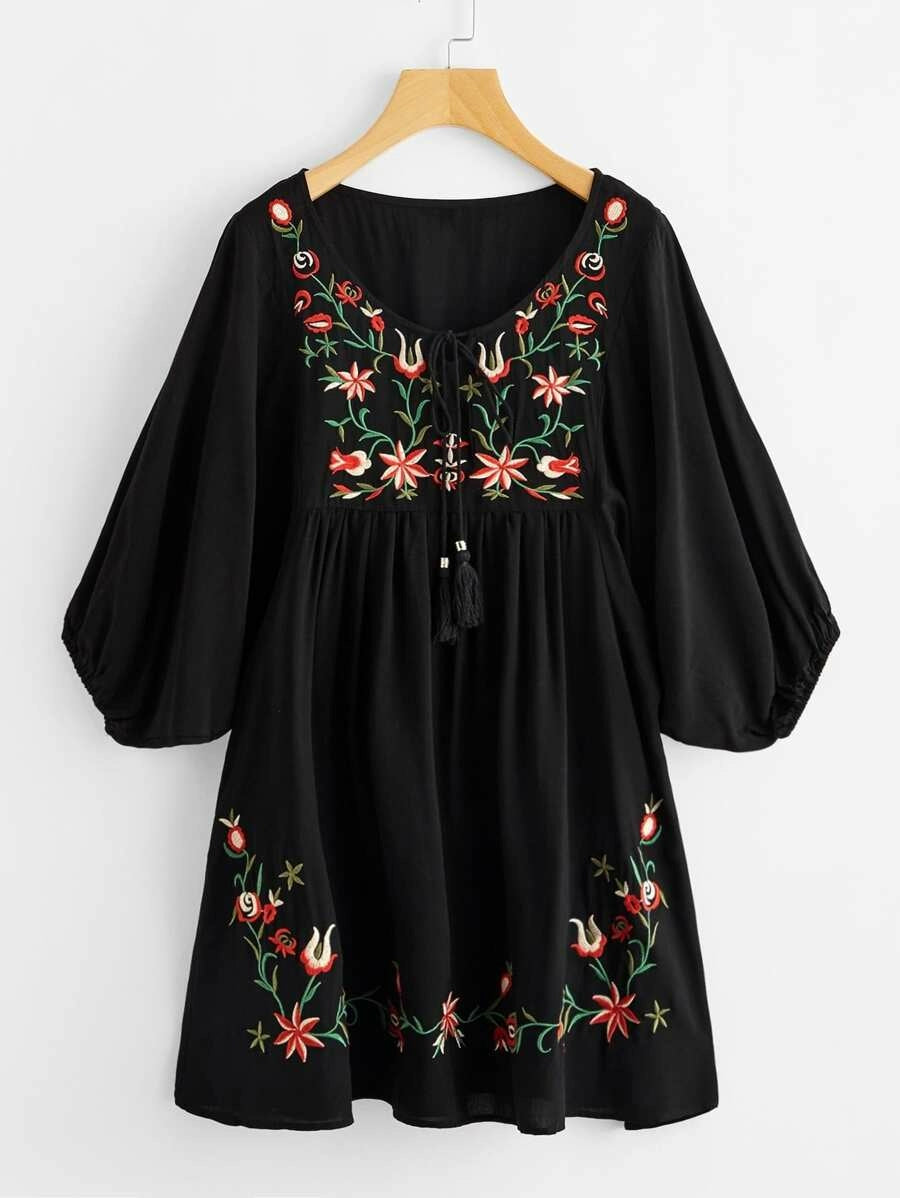 Tasseled Tie Neck Lantern Sleeve Embroidered Smock Dress Periwinkley Shop