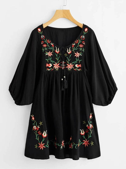Tasseled Tie Neck Lantern Sleeve Embroidered Smock Dress Periwinkley Shop