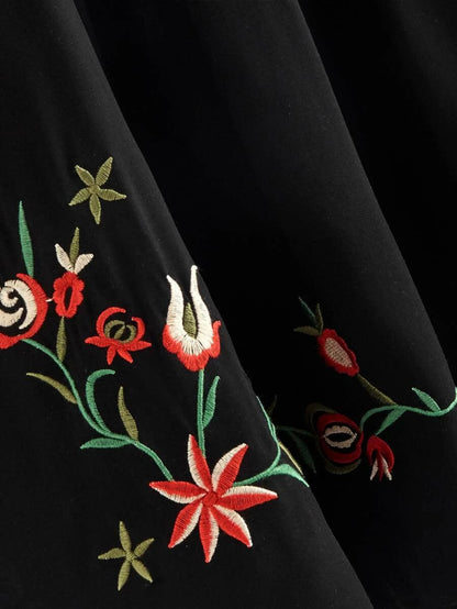 Tasseled Tie Neck Lantern Sleeve Embroidered Smock Dress Periwinkley Shop