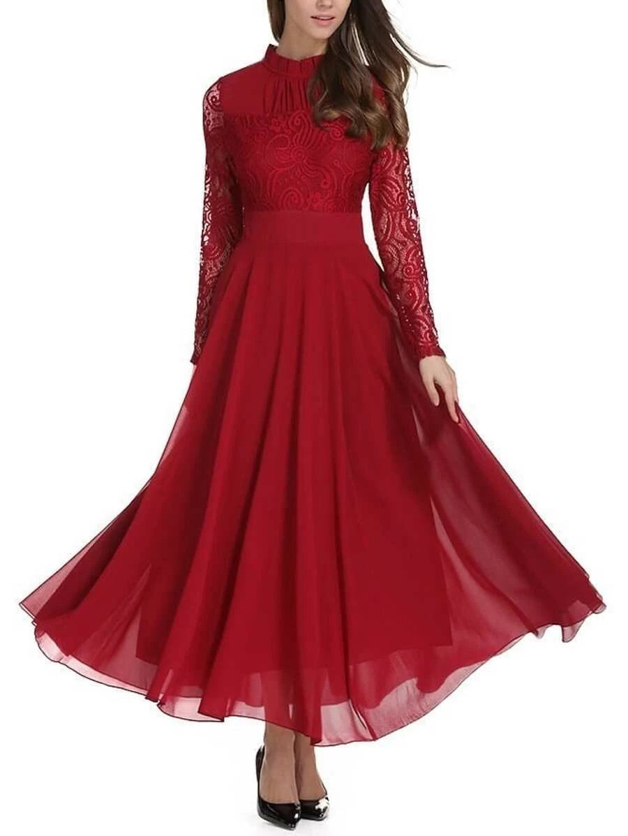 Lace Contrast Mesh Pleated High Waist One Piece Dress Periwinkley Shop