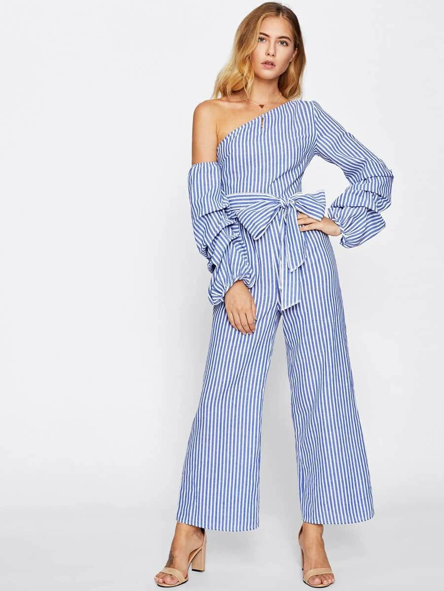 Asymmetric Shoulder Bow Waist Gathered Sleeve Jumpsuit Periwinkley Shop