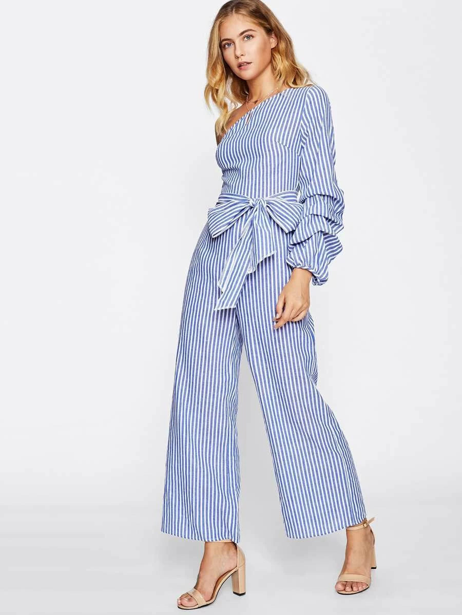 Asymmetric Shoulder Bow Waist Gathered Sleeve Jumpsuit Periwinkley Shop