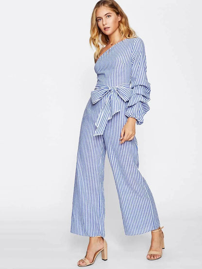 Asymmetric Shoulder Bow Waist Gathered Sleeve Jumpsuit Periwinkley Shop