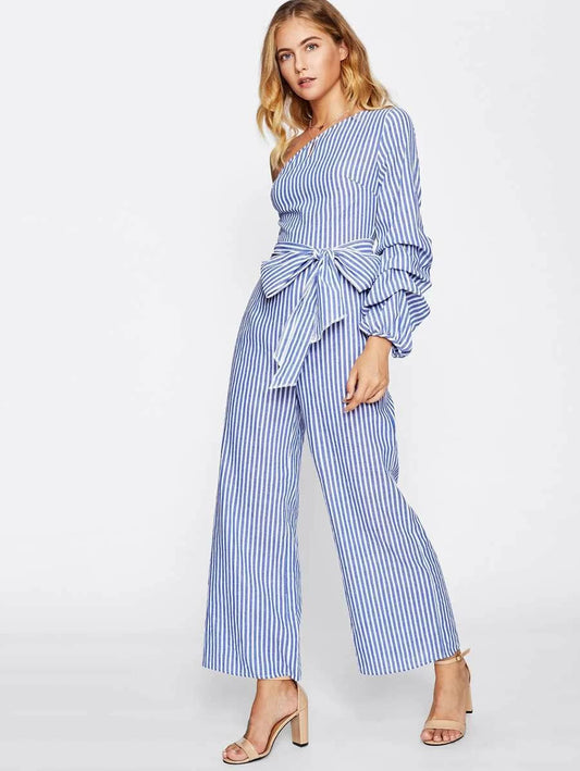Asymmetric Shoulder Bow Waist Gathered Sleeve Jumpsuit Periwinkley Shop